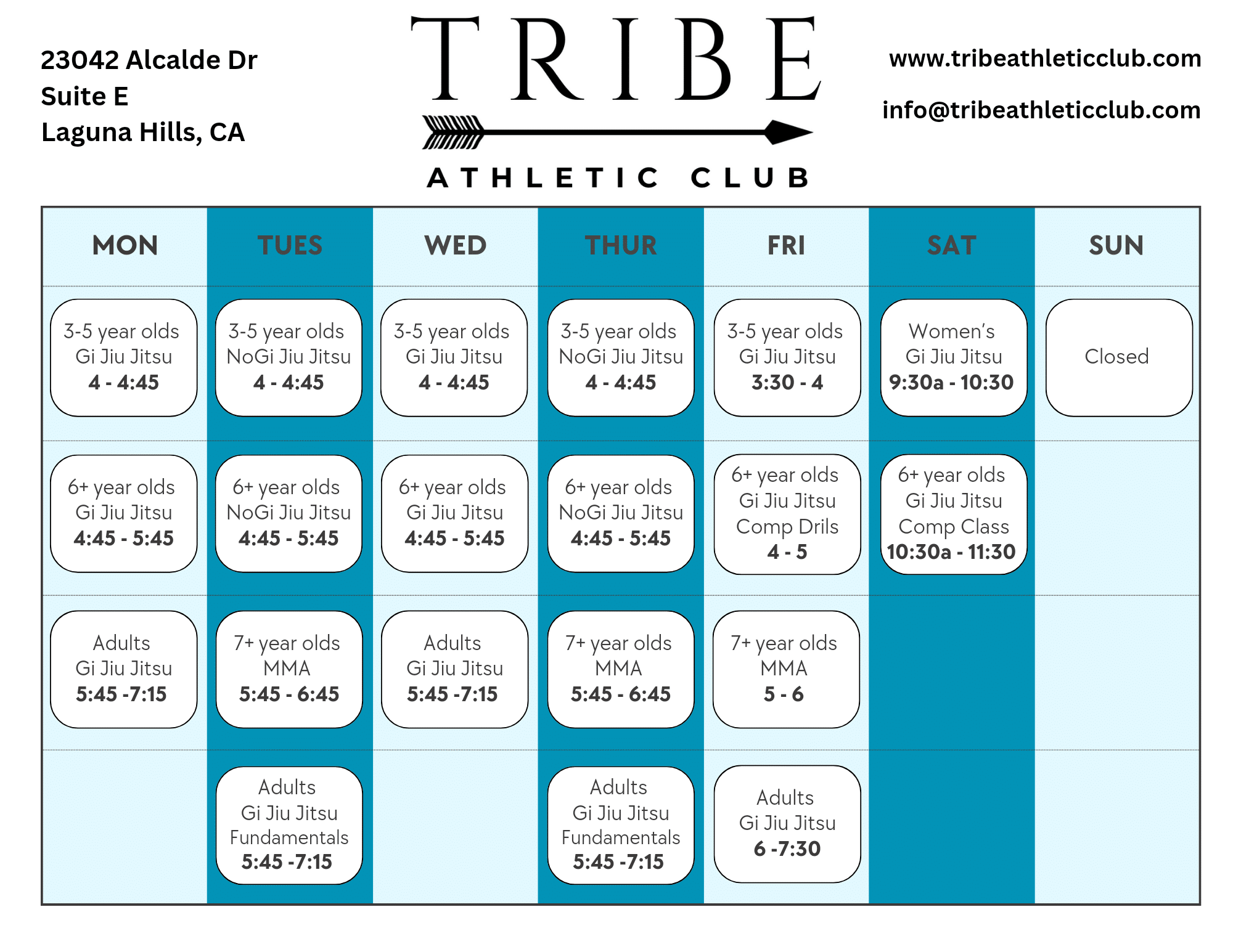 Tribe Athletic Academy Class Schedule